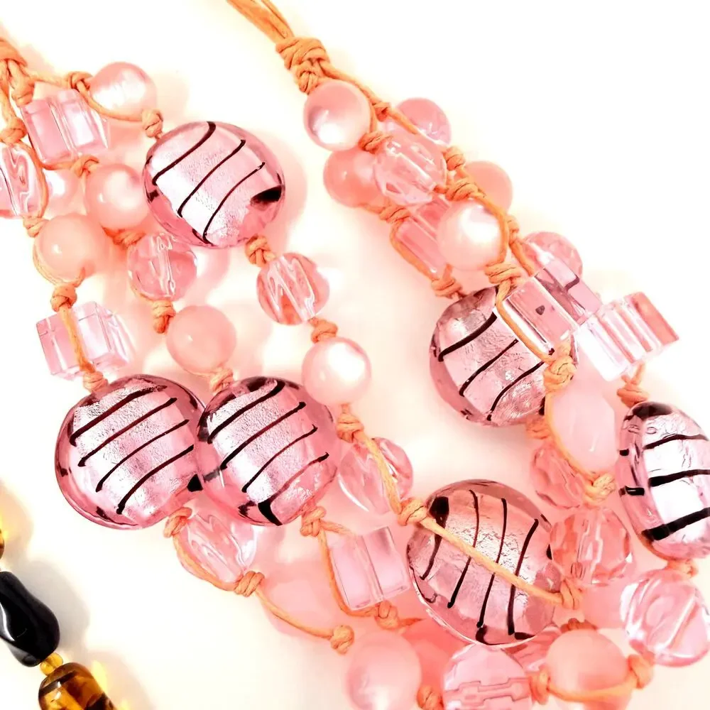Lot 7 Art Glass Beaded Multi Strand Flapper Necklaces MOP Purple Pink Tortoise